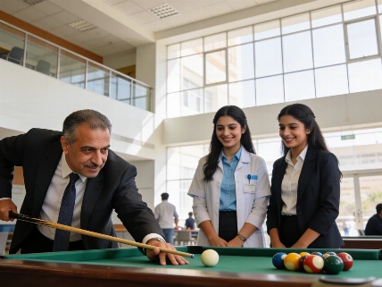 Mansoura University president plays billiards with nursing students at start of new academic year